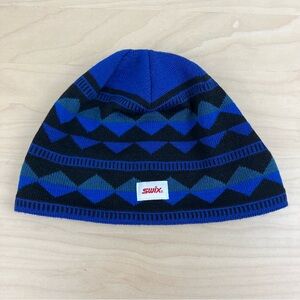 Swix Winter Ski Beanie Hat Skull Cap Blue Black Diamond Pattern